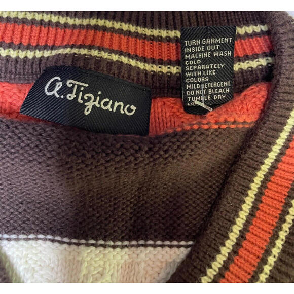 Vtg A Tiziano V-Neck Cotton Striped Colorblock Knit Sweater Mens XL Brown Orange - Picture 6 of 6